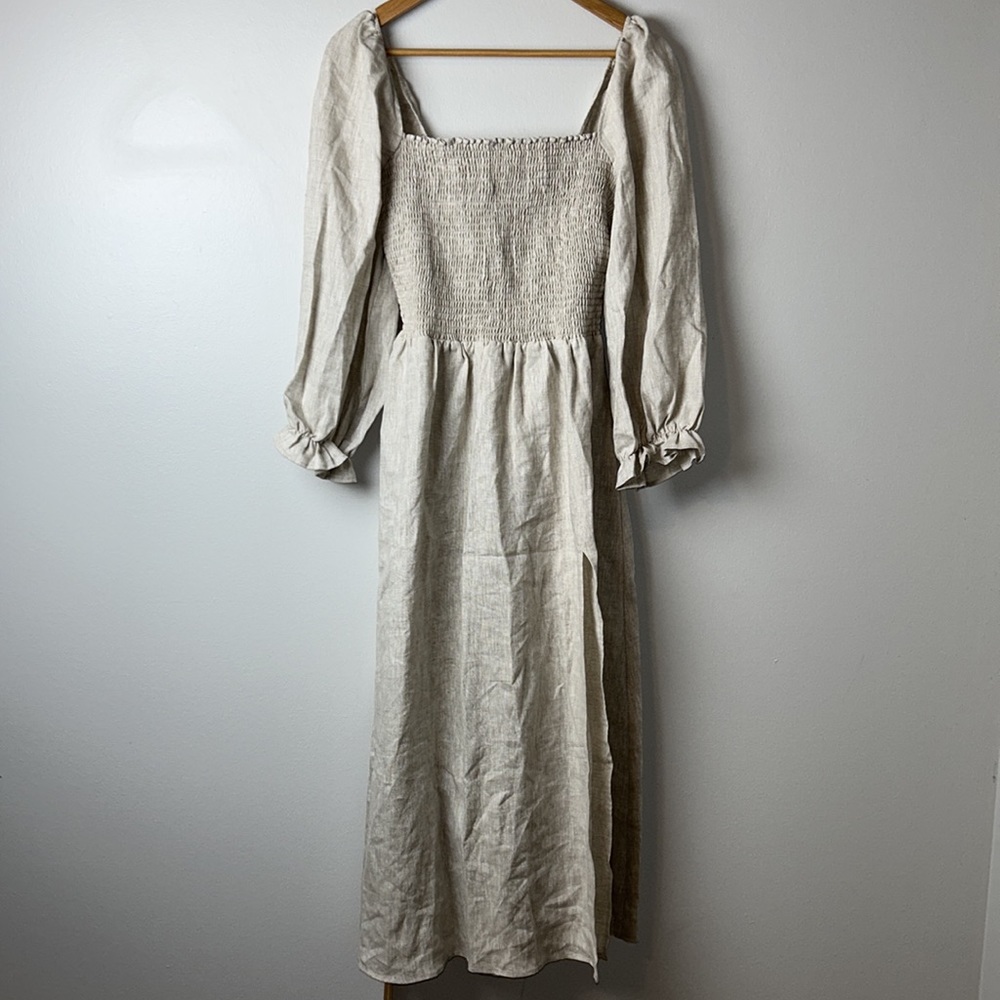 REFORMATION Gitane Linen Square Neck Smocked Dress in Oatmeal,, Size 1X